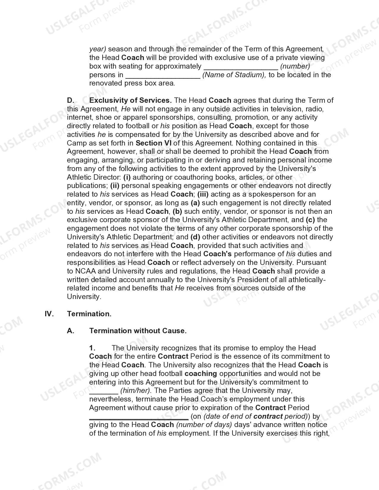 Preview Employment Agreement with Head Coach of University Football Team