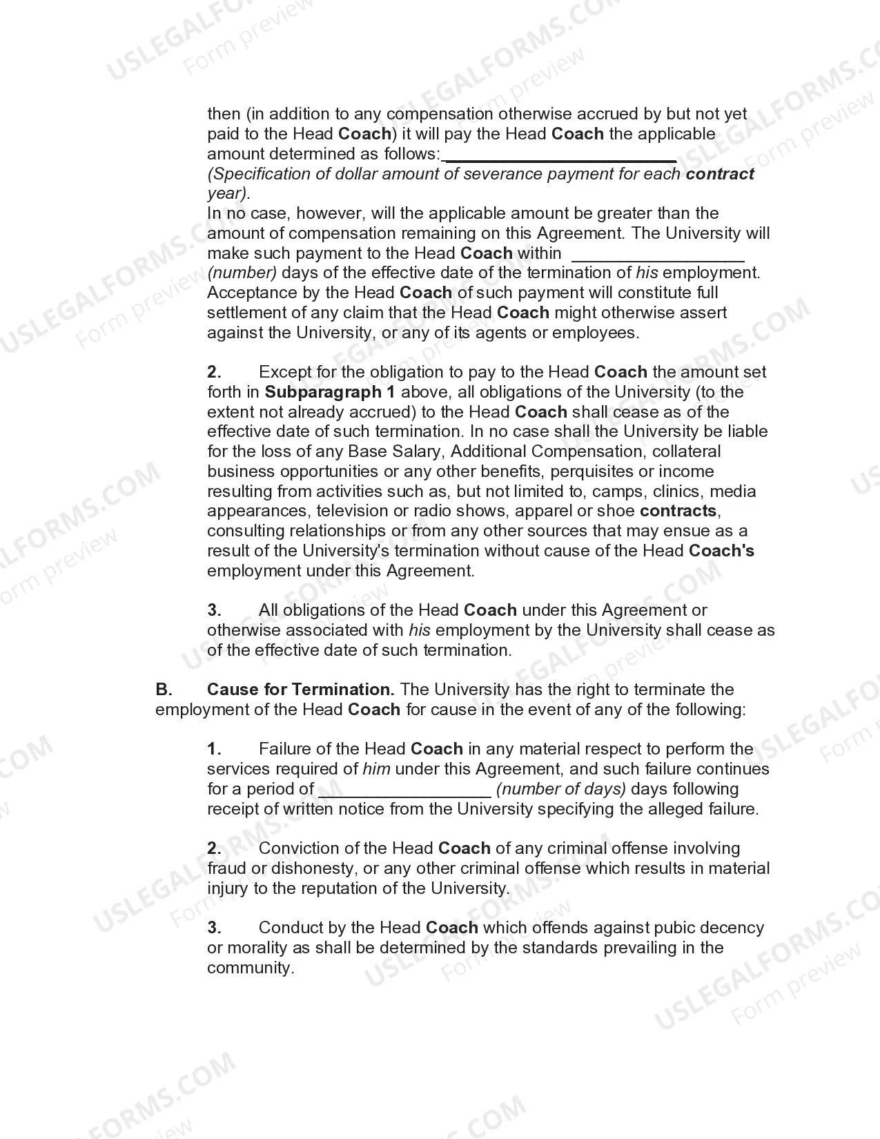 Preview Employment Agreement with Head Coach of University Football Team