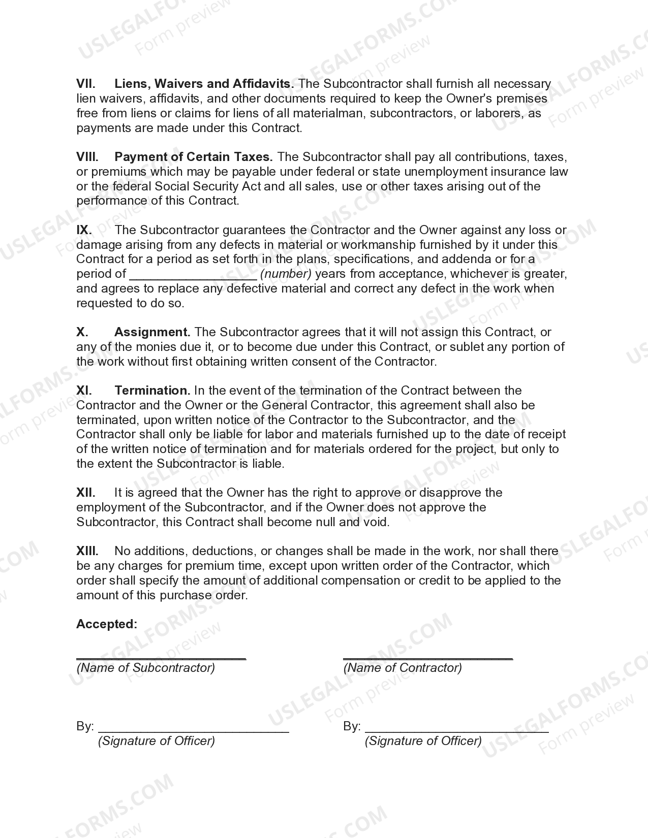 Subcontract Purchase Order for Labor and Materials | US Legal Forms