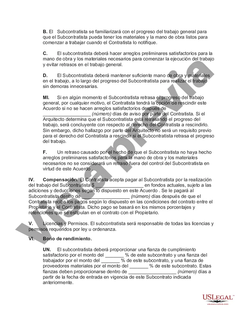 Preview Subcontrato para la construcción de una parte o los materiales que se incorporarán al edificio con disposiciones que, al finalizar por causa, el contratista puede completar el trabajo y retener todos los montos adeudados al subcontratista