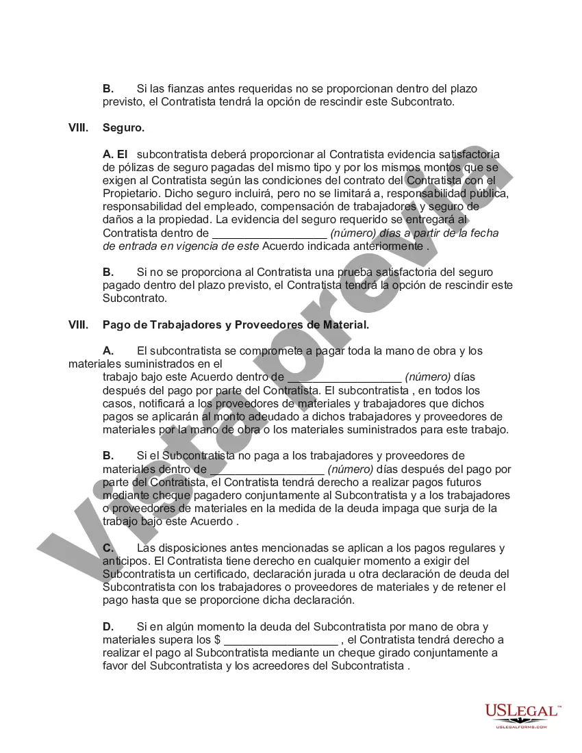 Preview Subcontrato para la construcción de una parte o los materiales que se incorporarán al edificio con disposiciones que, al finalizar por causa, el contratista puede completar el trabajo y retener todos los montos adeudados al subcontratista