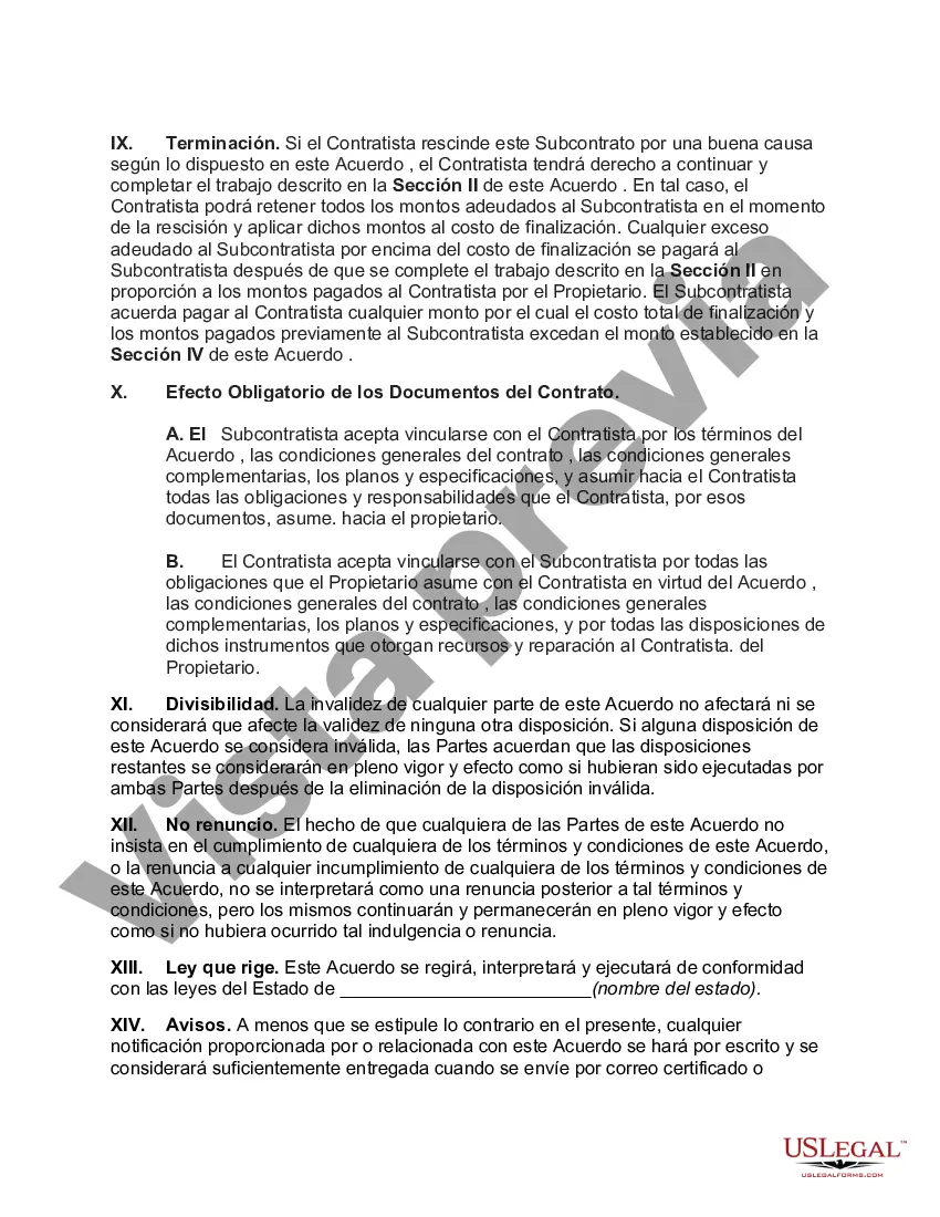 Preview Subcontrato para la construcción de una parte o los materiales que se incorporarán al edificio con disposiciones que, al finalizar por causa, el contratista puede completar el trabajo y retener todos los montos adeudados al subcontratista
