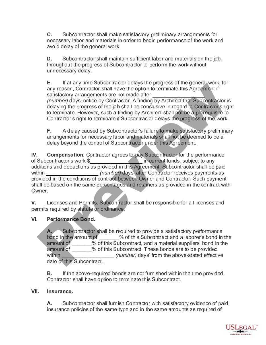 page 1 Subcontract for Construction of Portion of or Materials to go into Building with Provisions that upon Termination for Cause Contractor May Complete Work and Retain all Amounts due Subcontractor preview
