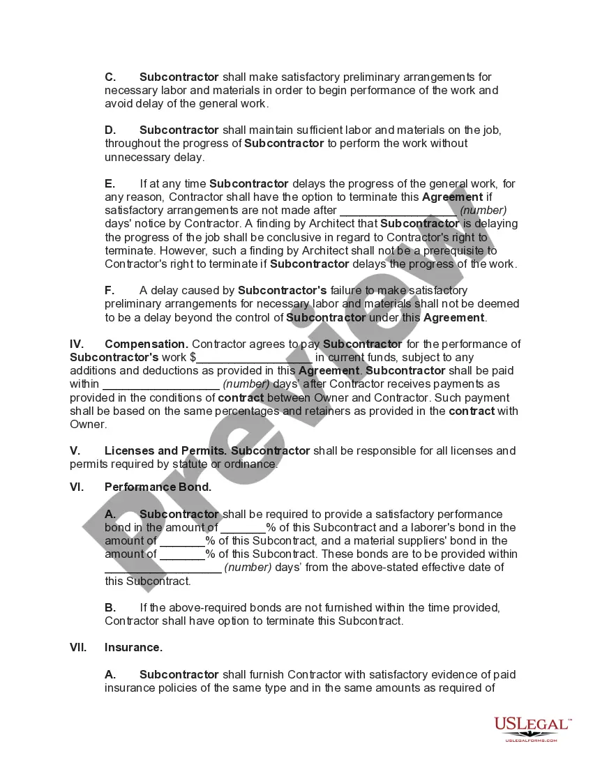 Get Subcontract for Construction of Portion of or Materials to go into Building with Provisions that upon Termination for Cause Contractor May Complete Work and Retain all Amounts due Subcontractor Preview Subcontract for Construction of Portion of or Materials to go into Building with Provisions that upon Termination for Cause Contractor May Complete Work and Retain all Amounts due Subcontractor