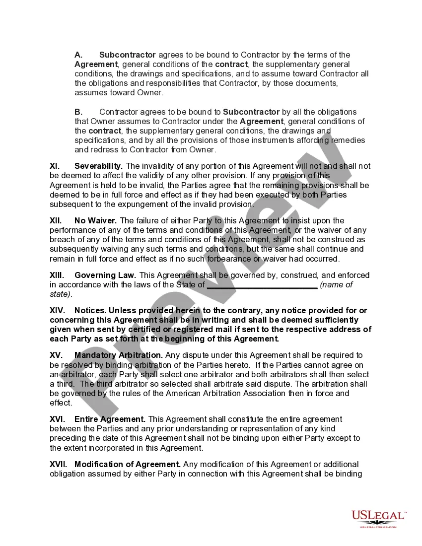 Get Subcontract for Construction of Portion of or Materials to go into Building with Provisions that upon Termination for Cause Contractor May Complete Work and Retain all Amounts due Subcontractor Preview Subcontract for Construction of Portion of or Materials to go into Building with Provisions that upon Termination for Cause Contractor May Complete Work and Retain all Amounts due Subcontractor