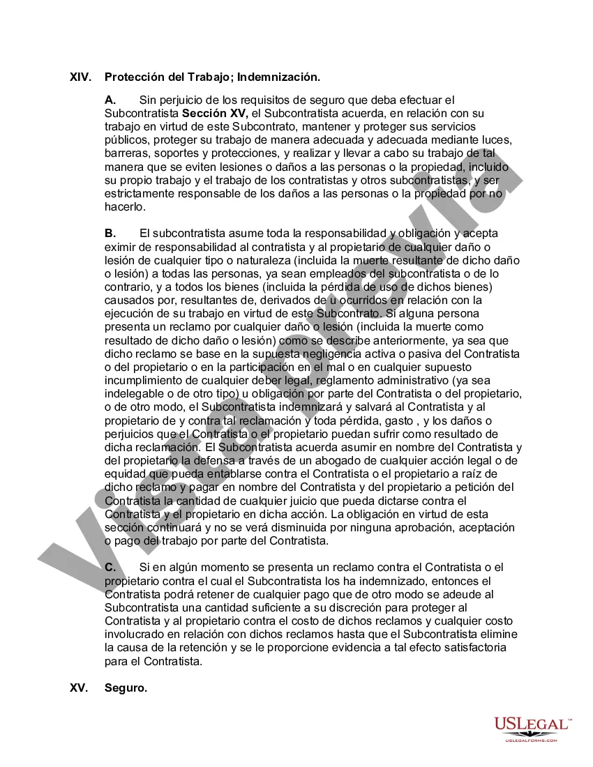 Preview Subcontrato para realizar el trabajo y proporcionar materiales, equipos y mano de obra para su parte del trabajo, junto con toda la planta, herramientas, maquinaria, electrodomésticos, protección de invierno y toda otra protección necesaria