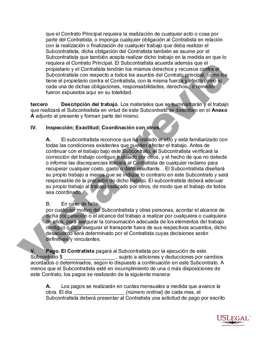 Preview Subcontrato para realizar el trabajo y proporcionar materiales, equipos y mano de obra para su parte del trabajo, junto con toda la planta, herramientas, maquinaria, electrodomésticos, protección de invierno y toda otra protección necesaria