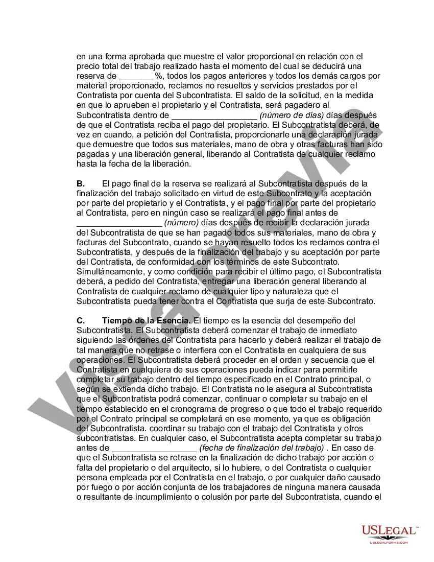 Preview Subcontrato para realizar el trabajo y proporcionar materiales, equipos y mano de obra para su parte del trabajo, junto con toda la planta, herramientas, maquinaria, electrodomésticos, protección de invierno y toda otra protección necesaria