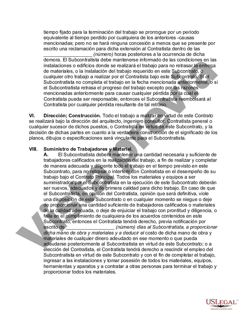 Preview Subcontrato para realizar el trabajo y proporcionar materiales, equipos y mano de obra para su parte del trabajo, junto con toda la planta, herramientas, maquinaria, electrodomésticos, protección de invierno y toda otra protección necesaria