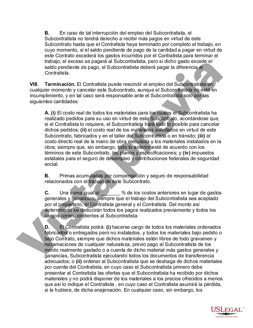Preview Subcontrato para realizar el trabajo y proporcionar materiales, equipos y mano de obra para su parte del trabajo, junto con toda la planta, herramientas, maquinaria, electrodomésticos, protección de invierno y toda otra protección necesaria
