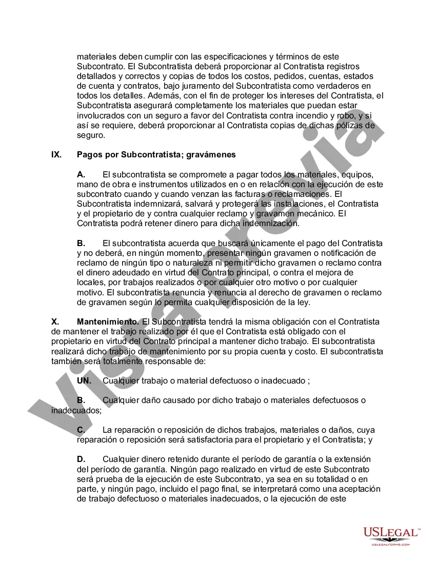Preview Subcontrato para realizar el trabajo y proporcionar materiales, equipos y mano de obra para su parte del trabajo, junto con toda la planta, herramientas, maquinaria, electrodomésticos, protección de invierno y toda otra protección necesaria