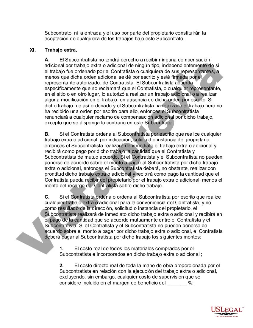 Preview Subcontrato para realizar el trabajo y proporcionar materiales, equipos y mano de obra para su parte del trabajo, junto con toda la planta, herramientas, maquinaria, electrodomésticos, protección de invierno y toda otra protección necesaria