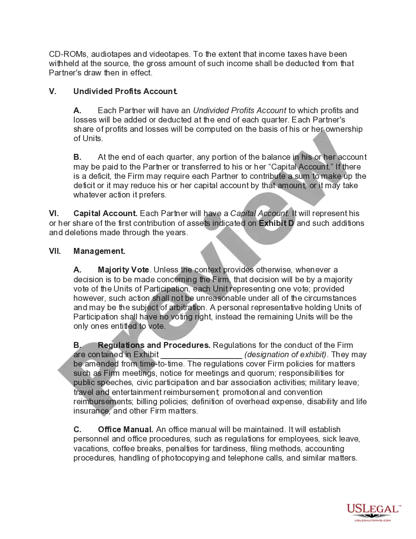 Preview Law Partnership Agreement with Profits and Losses Shared on Basis of Units of Participation
