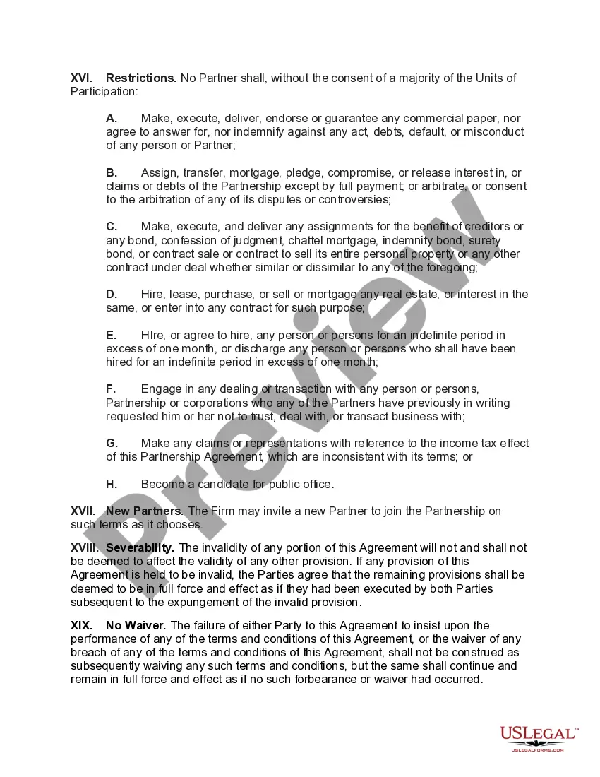 Preview Law Partnership Agreement with Profits and Losses Shared on Basis of Units of Participation
