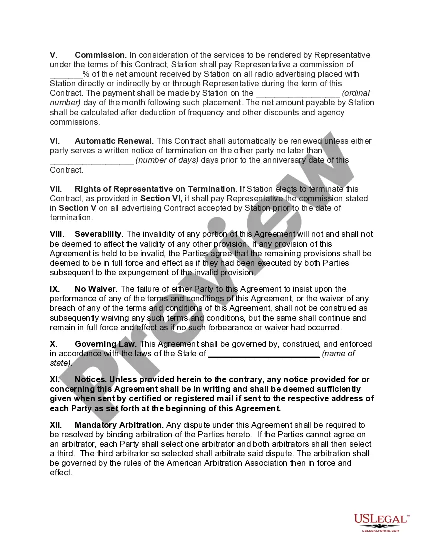 Get Contract Between Radio Station and Station Representative with Representative to Solicit Advertising Contract for Station Preview Contract Between Radio Station and Station Representative with Representative to Solicit Advertising Contract for Station