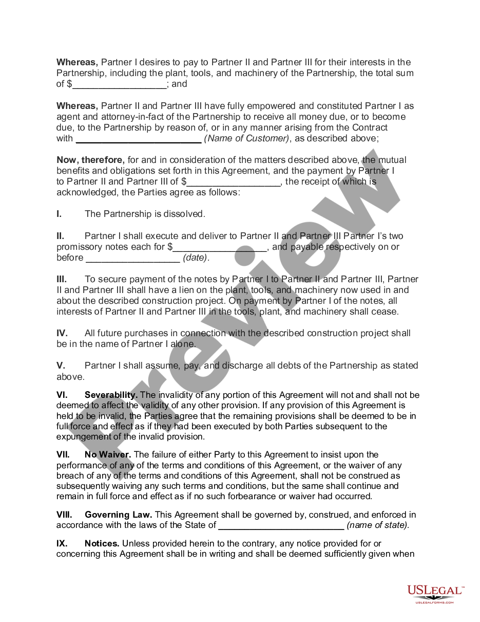 page 1 Agreement to Dissolve and Wind Up Partnership with Sale to Partner Assets of a Building and Construction Business preview