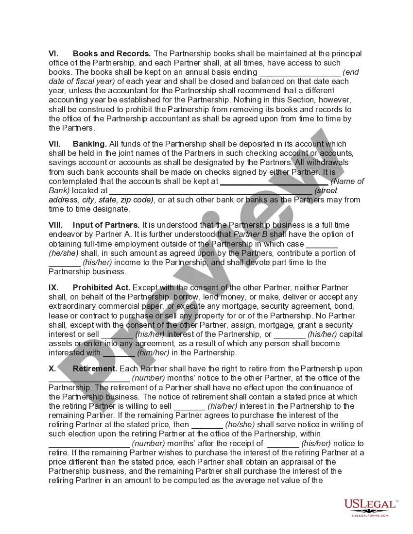 Preview Partnership Agreement with One Partner to Work Full Time for Partnership and Other Partner to Work Part Time