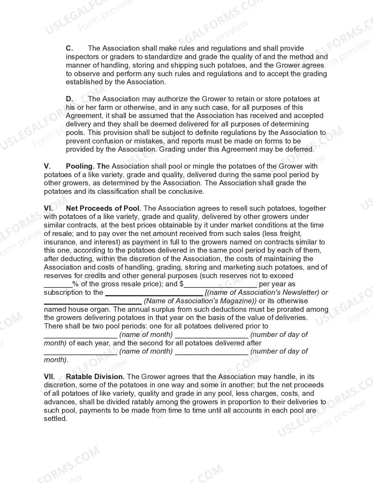 Preview Marketing Agreement with Cooperative Association for Sale of Potatoes