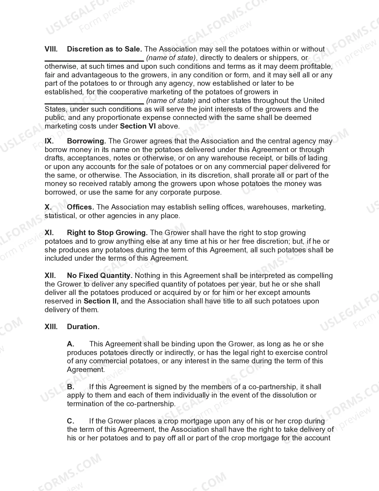 Preview Marketing Agreement with Cooperative Association for Sale of Potatoes