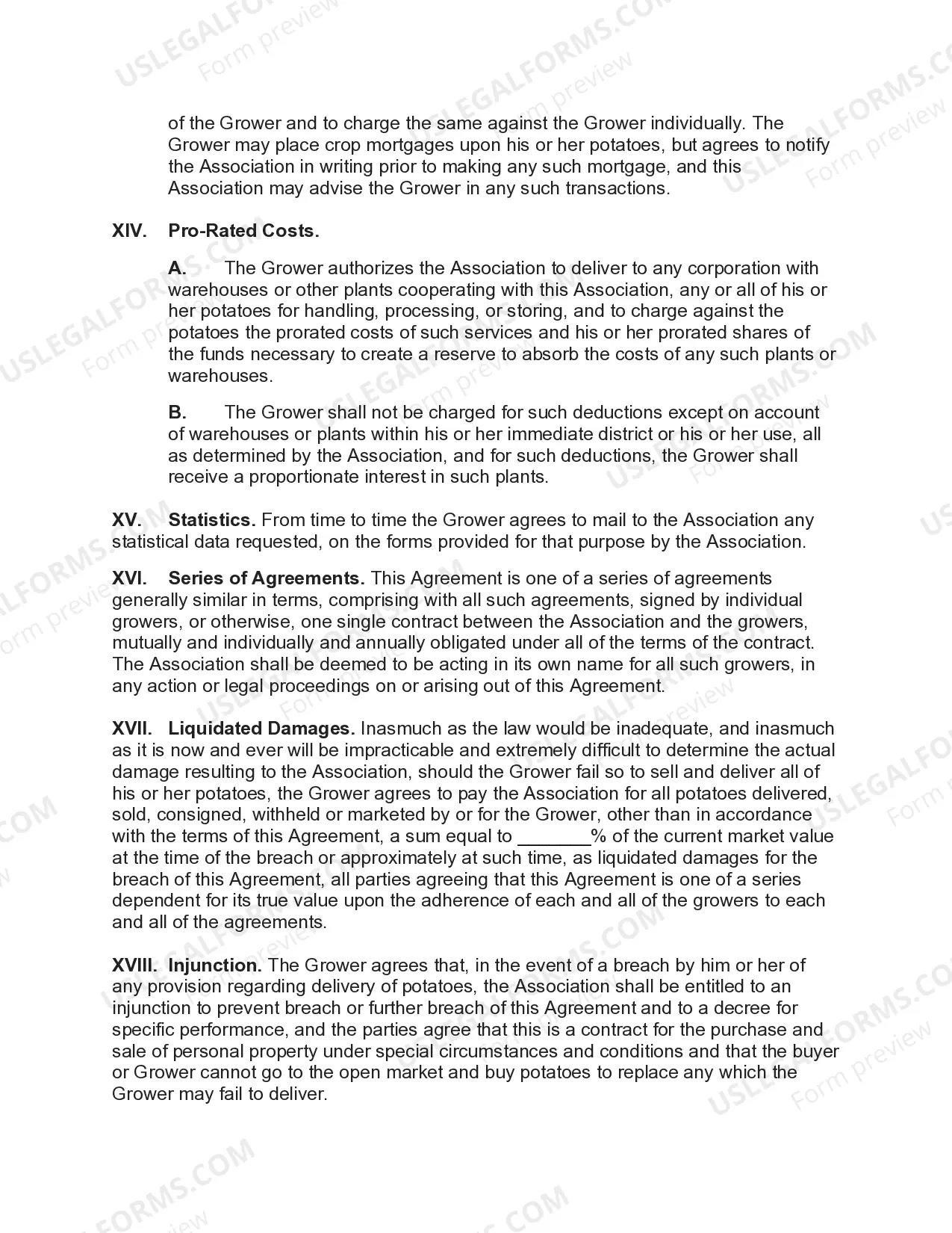 Preview Marketing Agreement with Cooperative Association for Sale of Potatoes