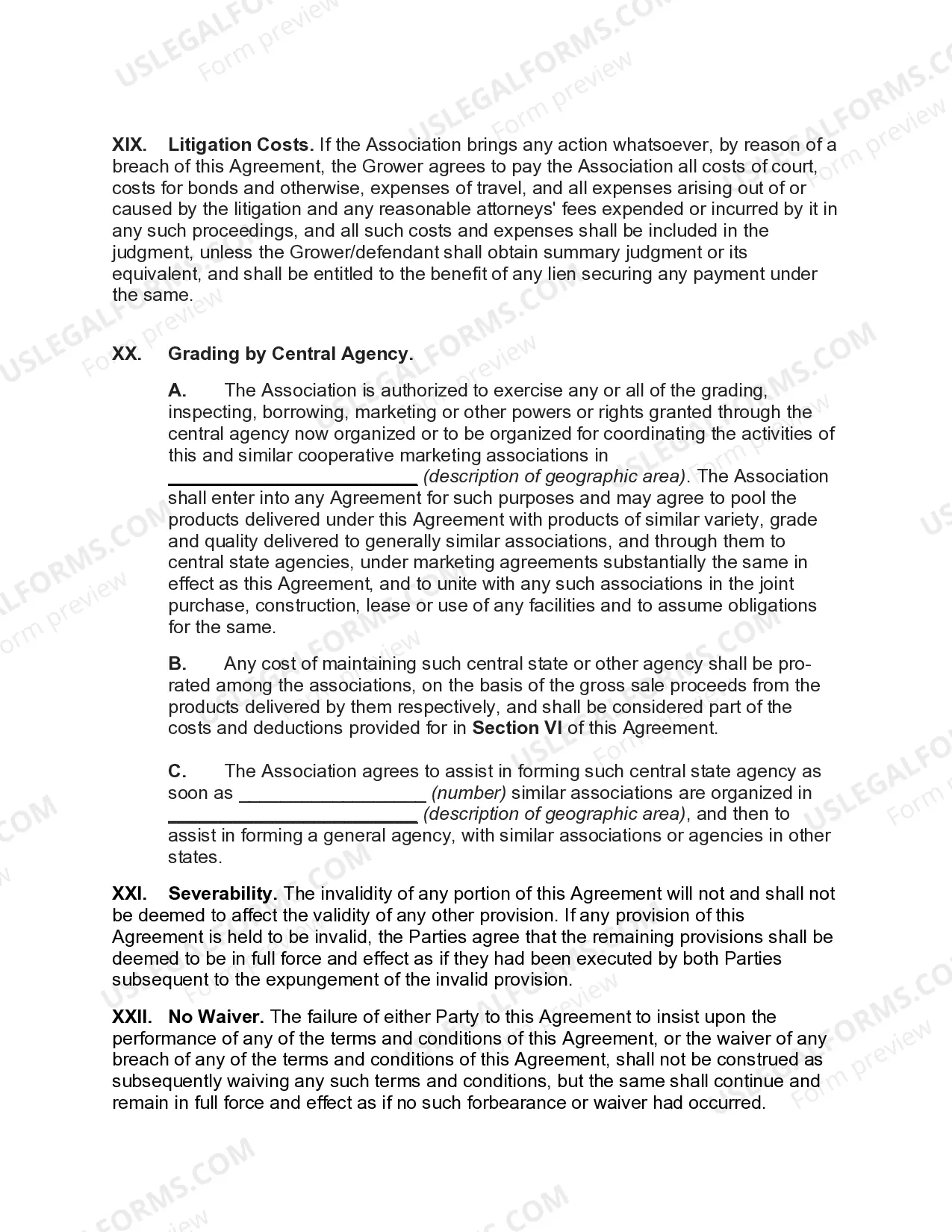 Preview Marketing Agreement with Cooperative Association for Sale of Potatoes