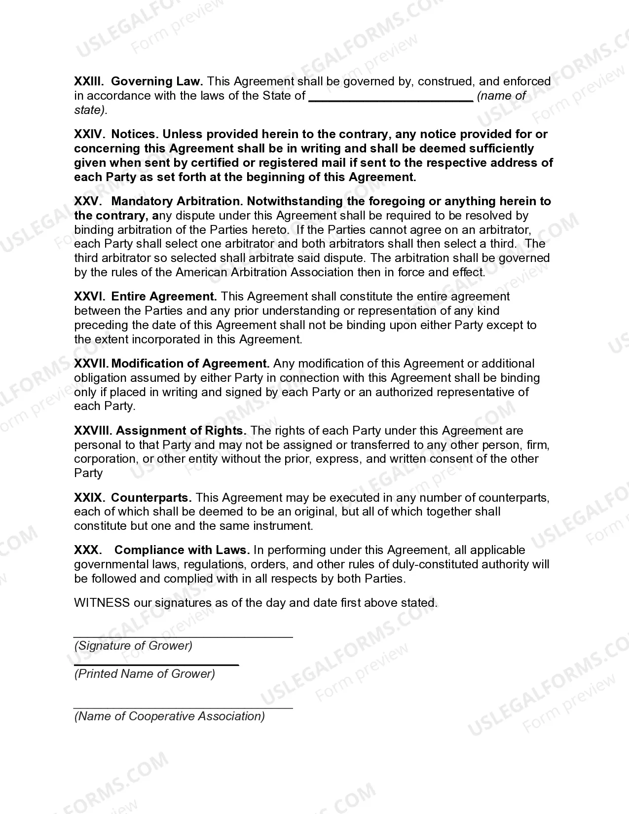 Preview Marketing Agreement with Cooperative Association for Sale of Potatoes