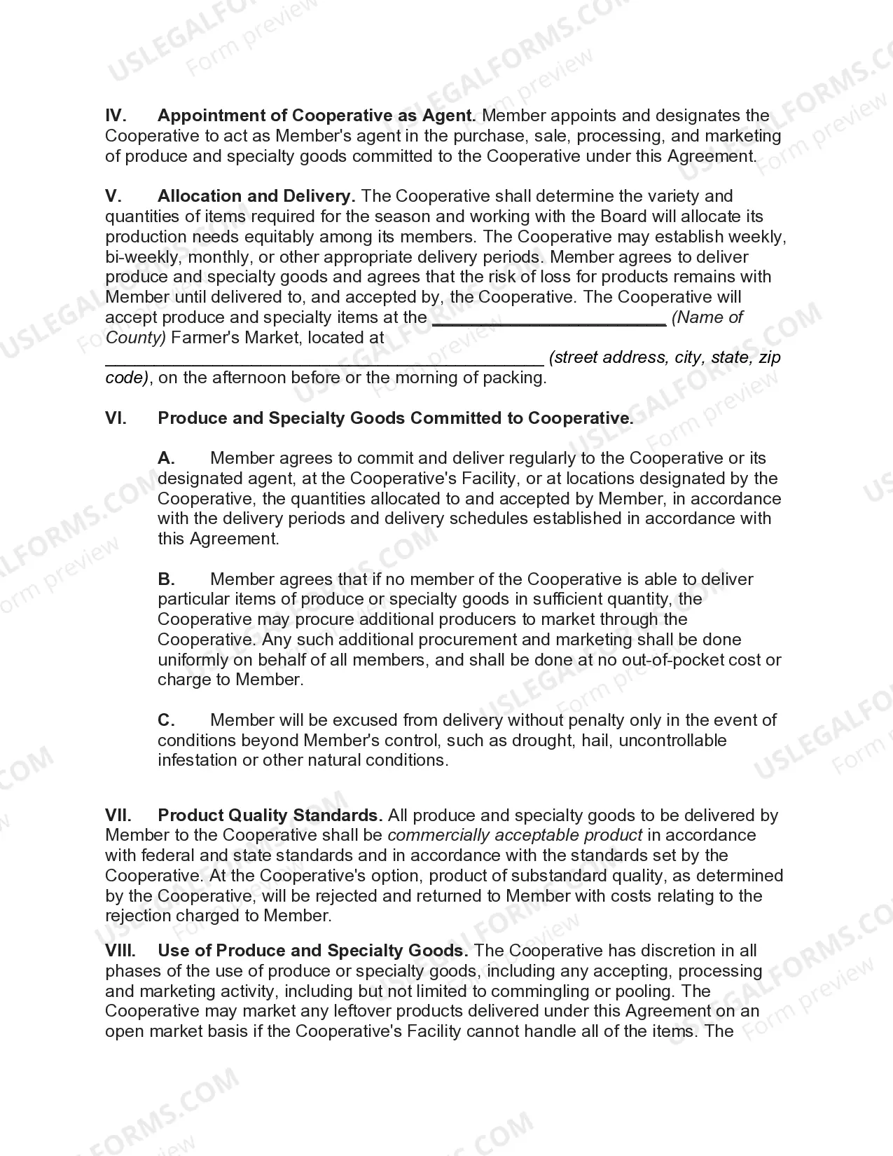 Preview Marketing Agreement with Cooperative Association regarding Produce and Specialty Products