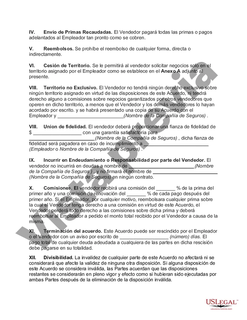 Preview Acuerdo Laboral entre Agente General como Empleador y Vendedor – Venta de Seguros
