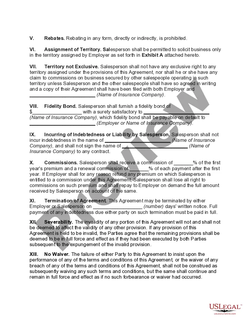 Get Employment Agreement between General Agent as Employer and Salesperson - Sale of Insurance Preview Employment Agreement between General Agent as Employer and Salesperson - Sale of Insurance