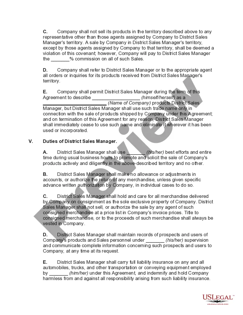 Get Employment Agreement with District Sales Manager Preview Employment Agreement with District Sales Manager