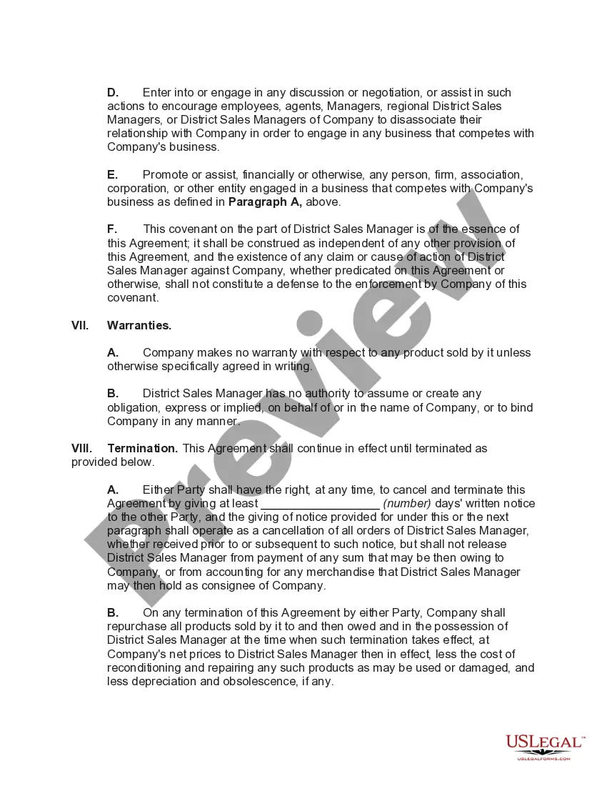 Get Employment Agreement with District Sales Manager Preview Employment Agreement with District Sales Manager