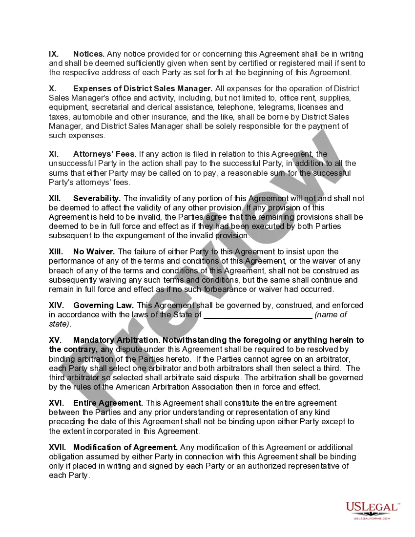 Get Employment Agreement with District Sales Manager Preview Employment Agreement with District Sales Manager