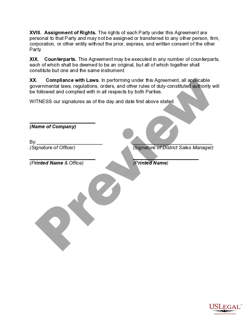 Get Employment Agreement with District Sales Manager Preview Employment Agreement with District Sales Manager