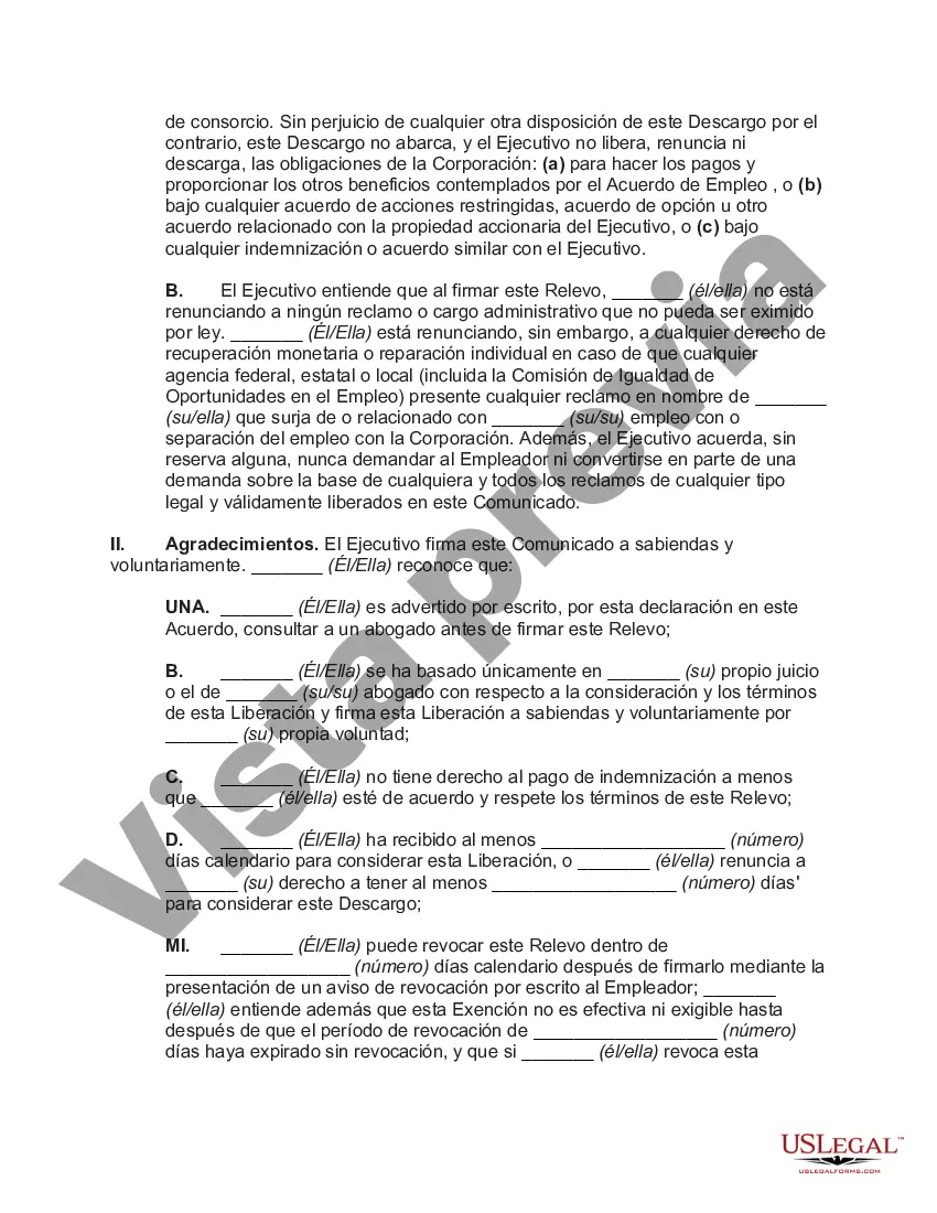 Preview Liberación del Empleador Corporativo por parte del Ejecutivo tras la Terminación en Consideración de Pago de Indemnización y Beneficios