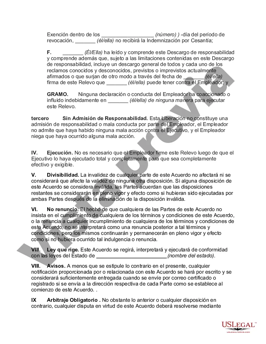 Preview Liberación del Empleador Corporativo por parte del Ejecutivo tras la Terminación en Consideración de Pago de Indemnización y Beneficios