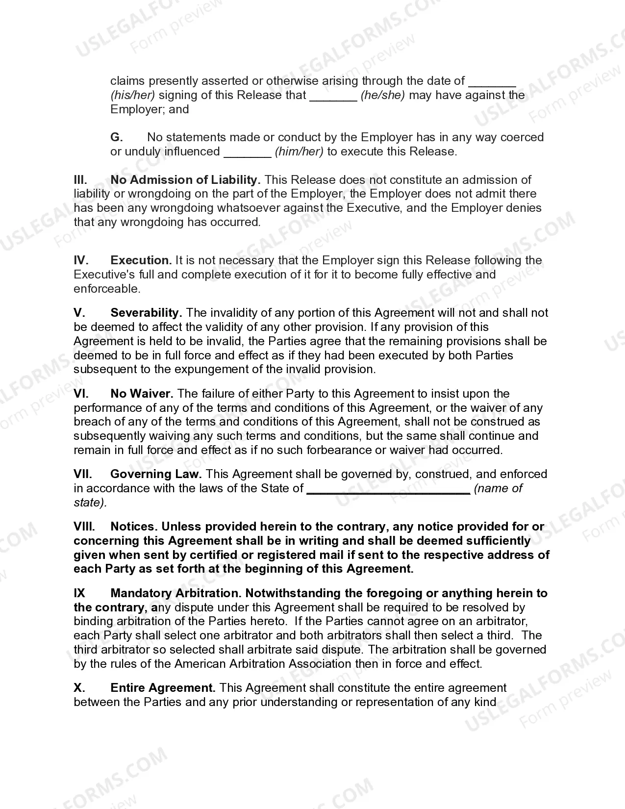 Preview Release of Corporate Employer by Executive upon Termination in Consideration of Severance Pay and Benefits