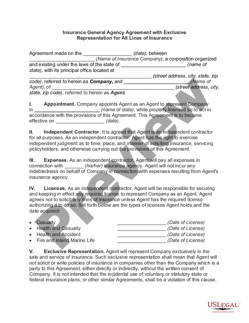 Illinois Insurance General Agency Agreement with Exclusive ...