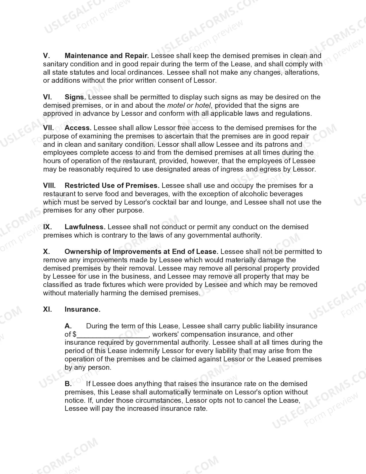 Preview Lease of Restaurant in Hotel or Motel