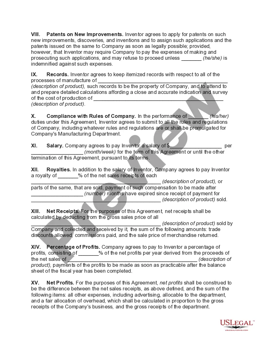 Get Employment Agreement with Inventor - Grant of Exclusive License to Manufacture Products from Invention Preview Employment Agreement with Inventor - Grant of Exclusive License to Manufacture Products from Invention