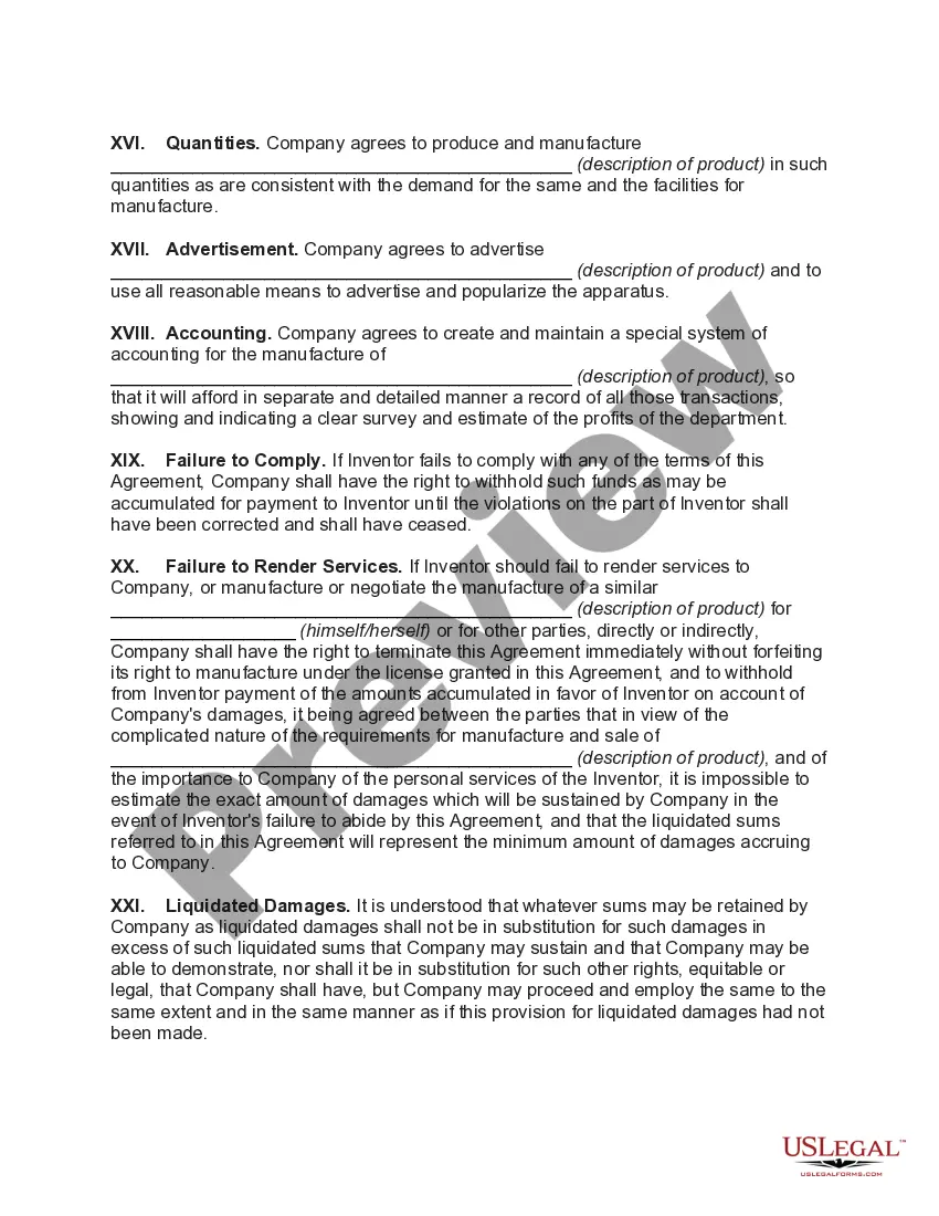 Get Employment Agreement with Inventor - Grant of Exclusive License to Manufacture Products from Invention Preview Employment Agreement with Inventor - Grant of Exclusive License to Manufacture Products from Invention