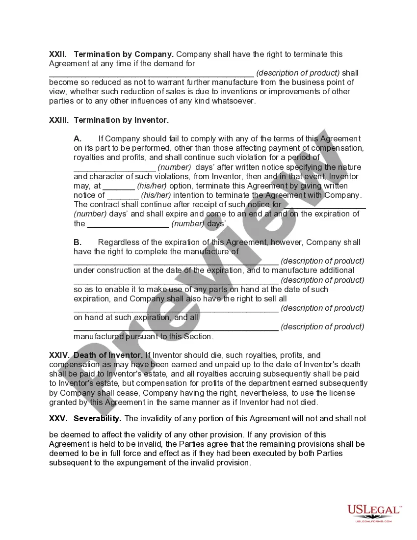Get Employment Agreement with Inventor - Grant of Exclusive License to Manufacture Products from Invention Preview Employment Agreement with Inventor - Grant of Exclusive License to Manufacture Products from Invention