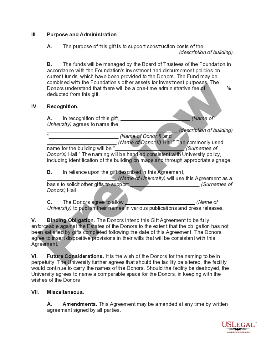 Preview Gift Agreement Between Donors and University Foundation with Purpose of Gift to Construct Building to be Named after Donors