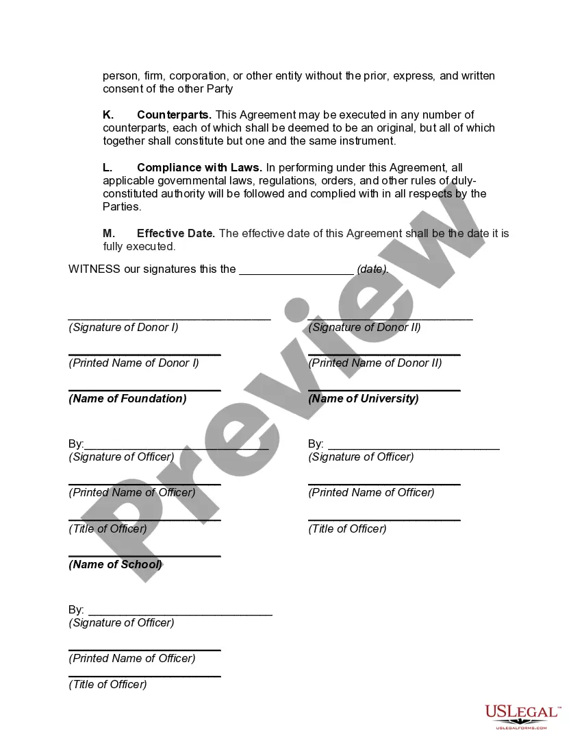 Preview Gift Agreement Between Donors and University Foundation with Purpose of Gift to Construct Building to be Named after Donors