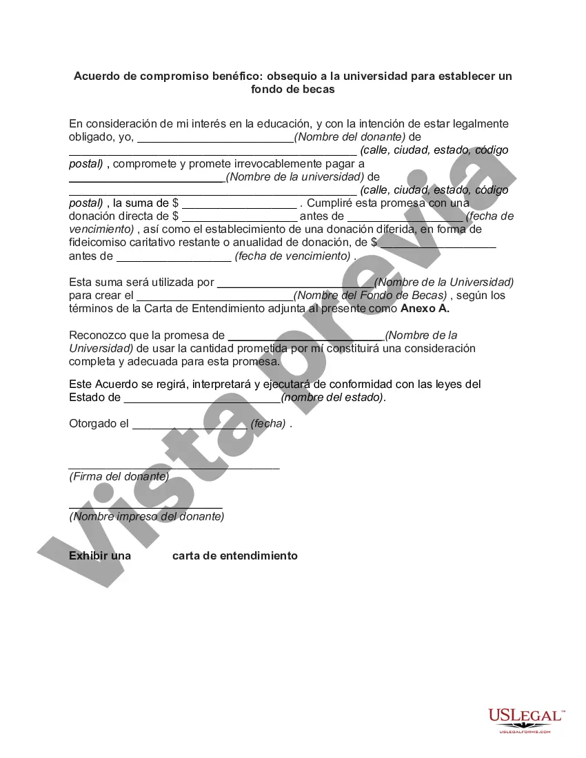 Preview Acuerdo de compromiso benéfico: obsequio a la universidad para establecer un fondo de becas