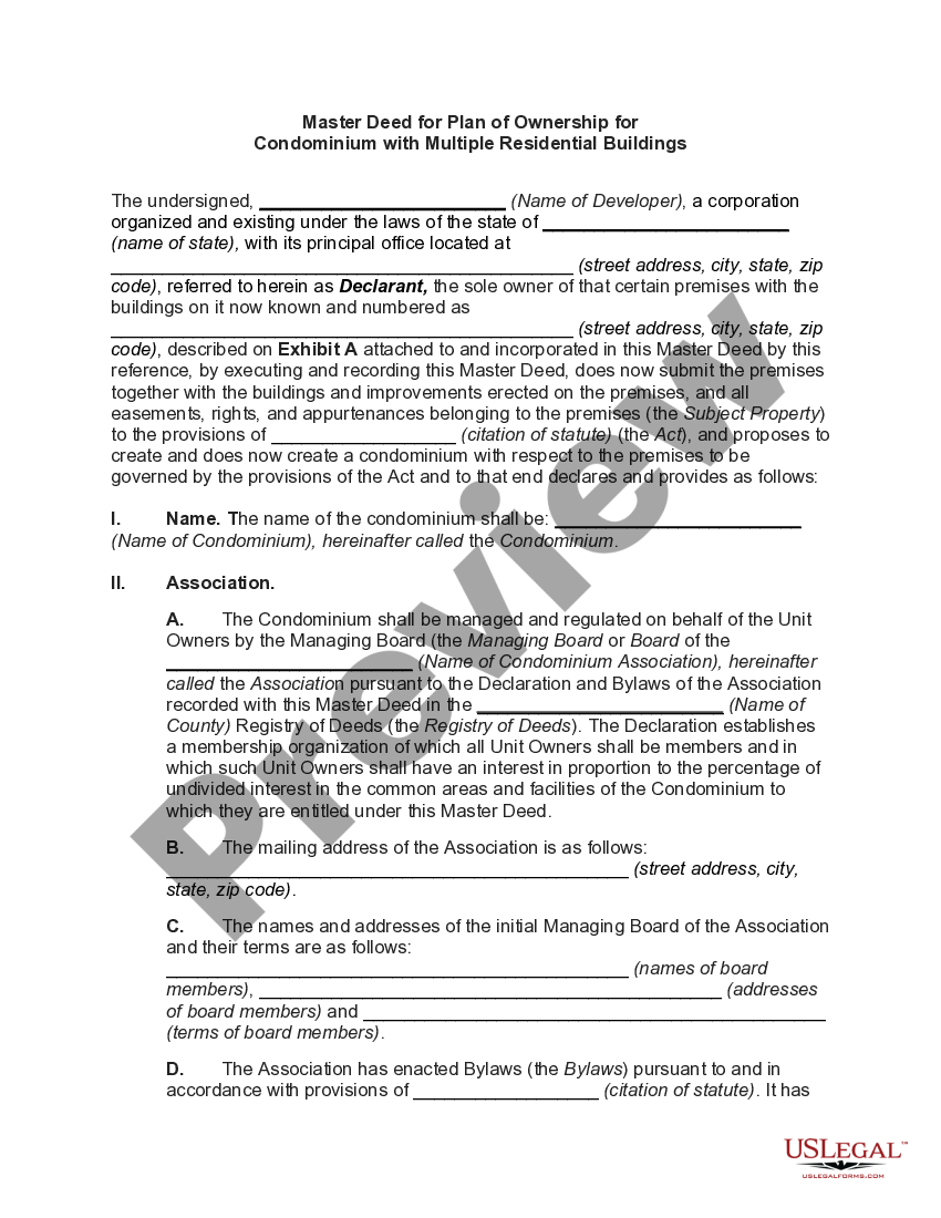 Suffolk New York Master Deed for Plan of Ownership for Condominium with