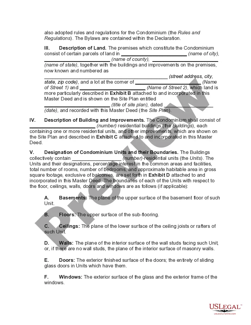 Get Master Deed for Plan of Ownership for Condominium with Multiple Residential Buildings Preview Master Deed for Plan of Ownership for Condominium with Multiple Residential Buildings