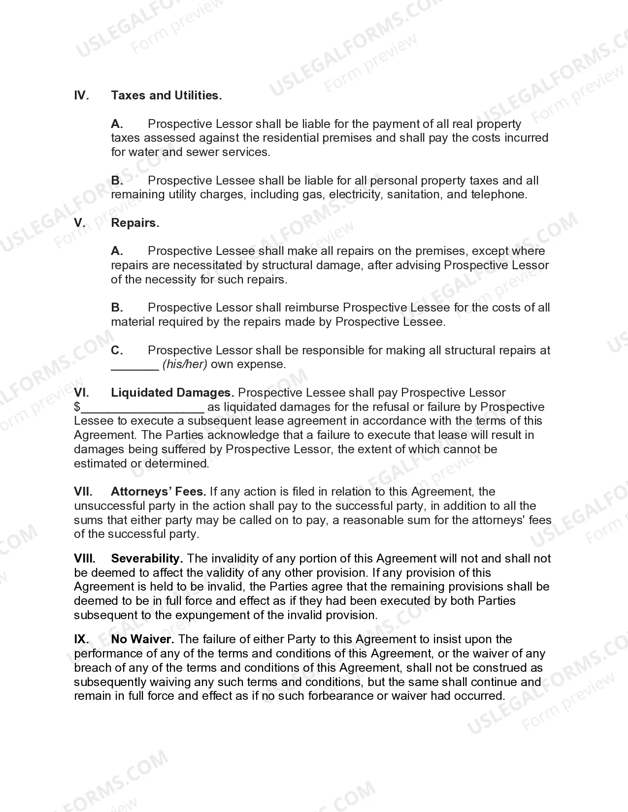 Preview Agreement for Lease of Residential Property