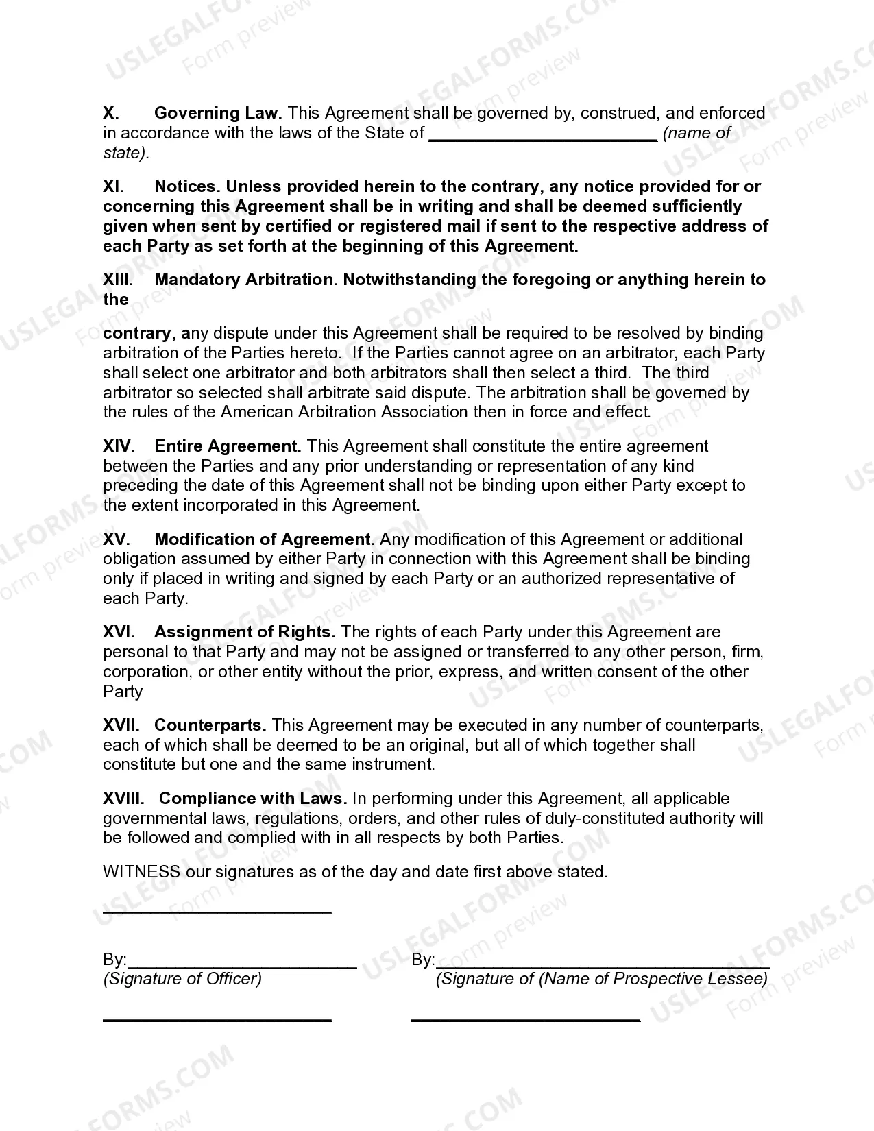 Preview Agreement for Lease of Residential Property