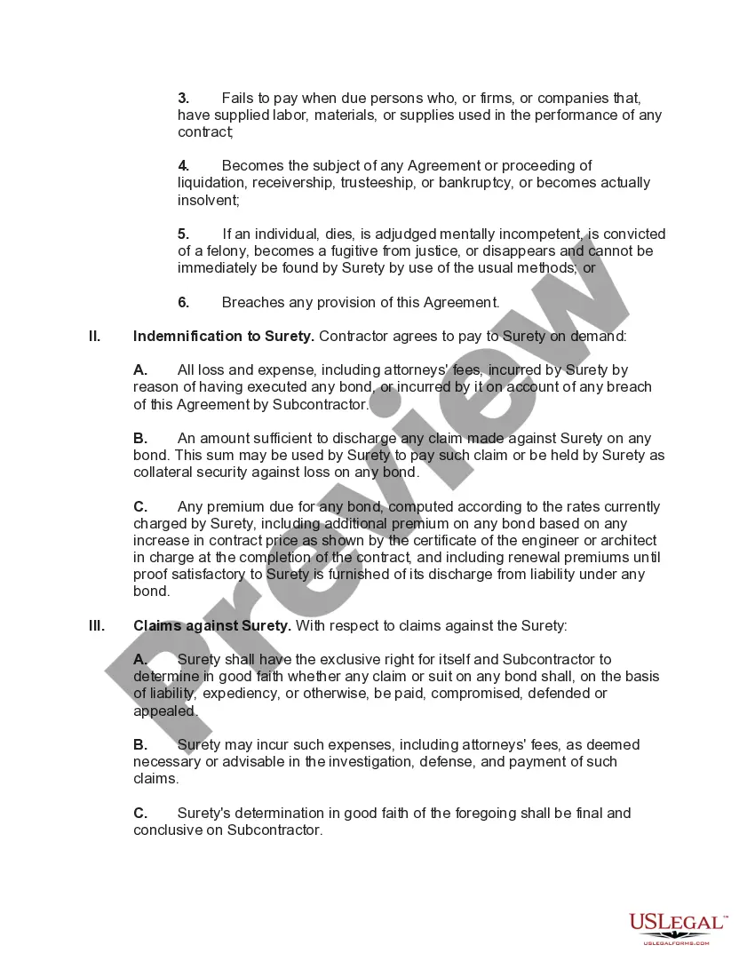 Preview Indemnification of Surety on Contractor's Bond by Subcontractor