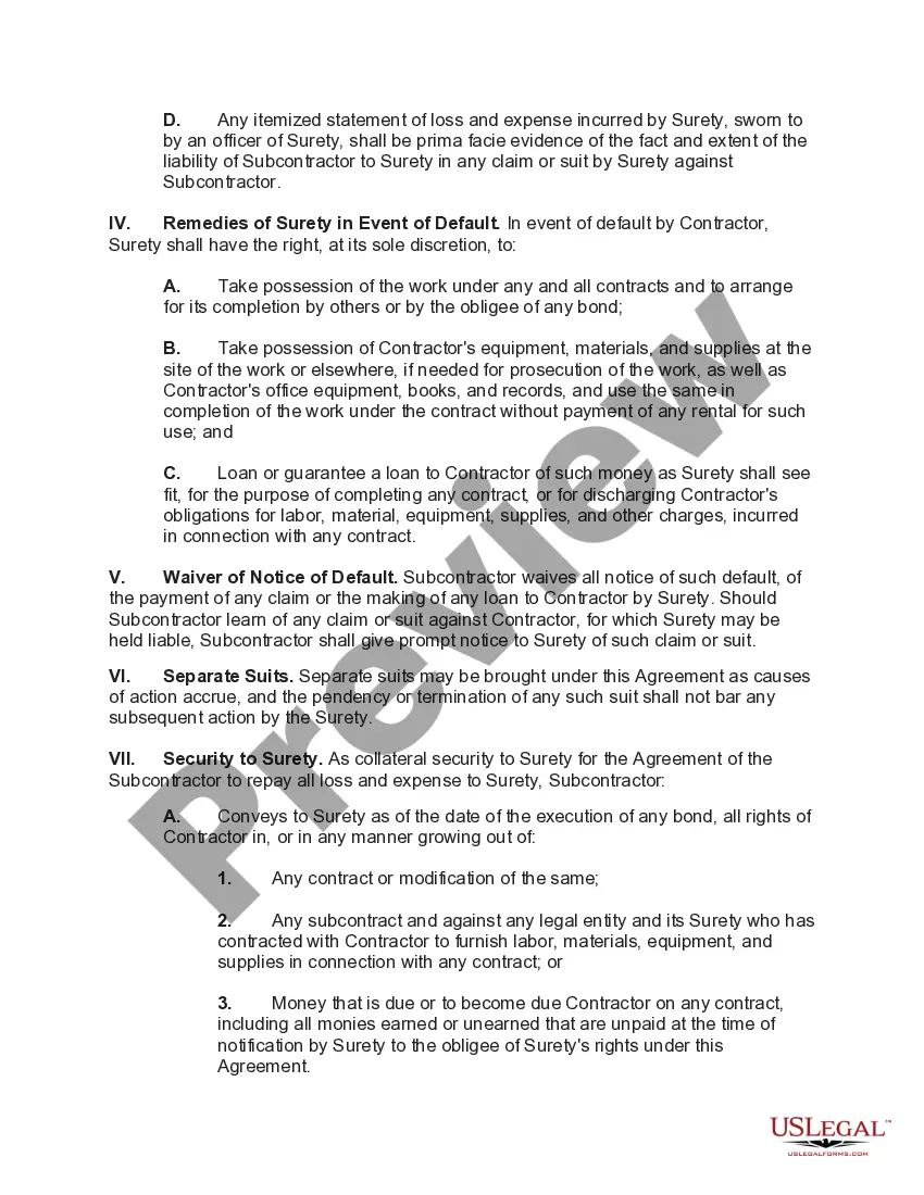 Preview Indemnification of Surety on Contractor's Bond by Subcontractor